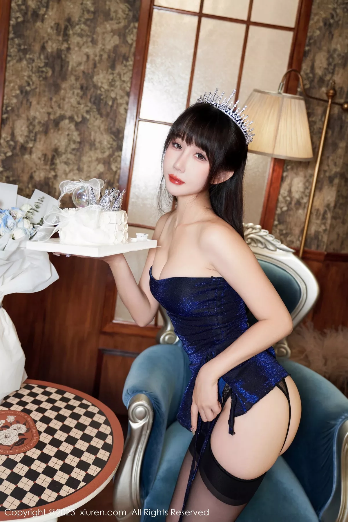 秀人集.com_[XiuRen秀人网]No.7274_模特波巧酱生日主题性感宝蓝蕾丝内衣配黑丝吊袜惹火诱惑写真90P