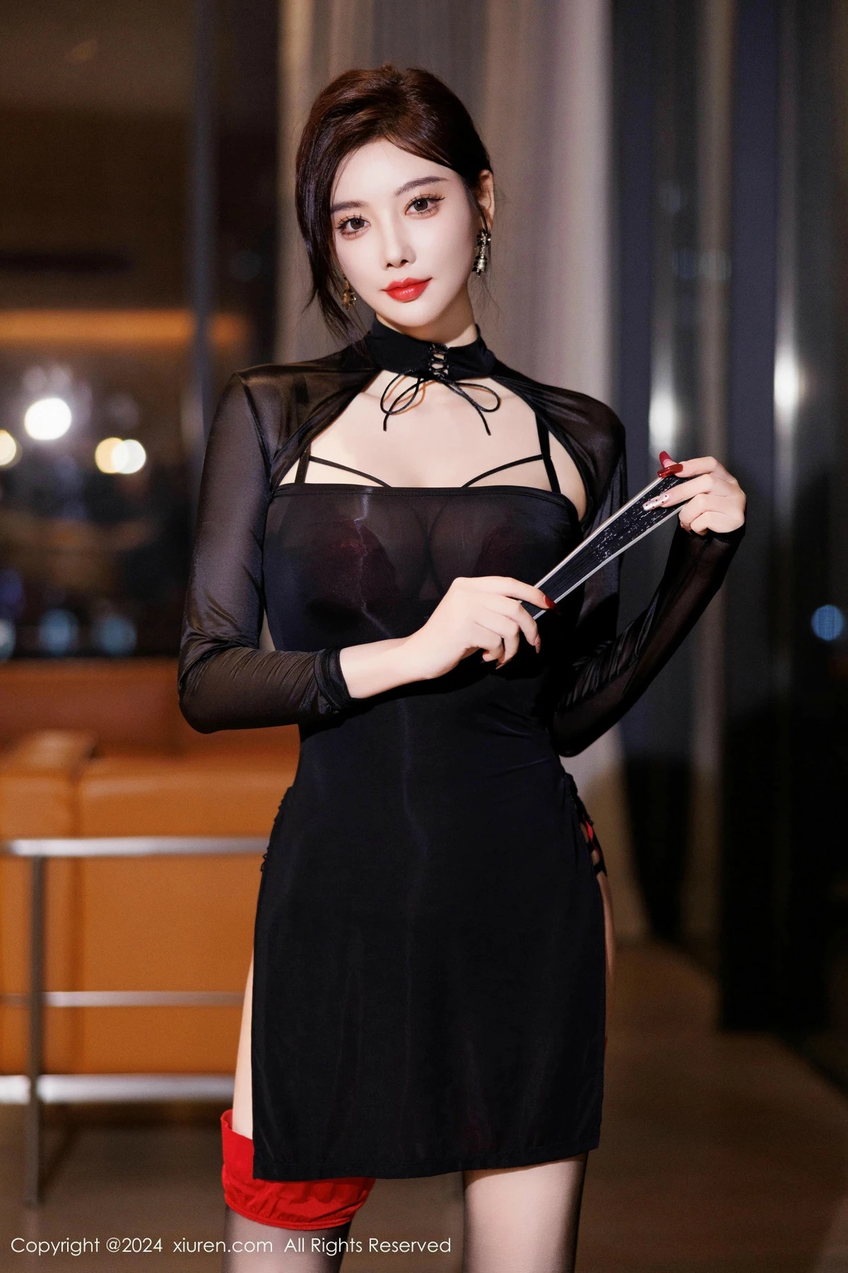 秀人集.com_[XiuRen秀人网]No.9599_女神杨晨晨Yome性感黑色服饰露红色内衣配黑丝袜秀美腿诱惑写真80P