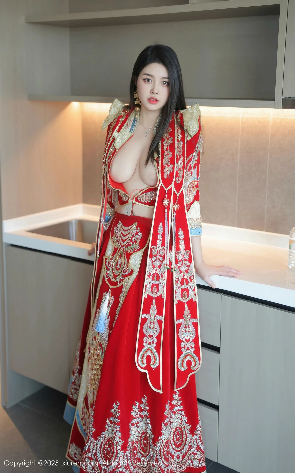 秀人集.com_[XiuRen秀人网]No.9869_模特林若凡F性感红色新娘装配黑丝吊袜半脱秀丰腴身材诱惑写真74P